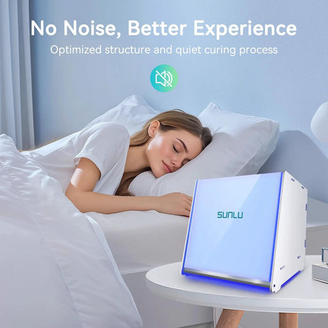Woman sleeping near Dope Resin UV Curing Box Plus with 405nm UV LEDs on bedside table, highlighting quiet operation.