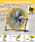 20 Inch Industrial Drum Fan Pushing 4650 Cubic Feet High Velocity Air Through Four Speed Settings Built Like A Tank For Portable Warehouse And Garage Cooling with 360-degree airflow direction.