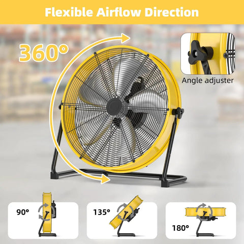 20 Inch Industrial Drum Fan Pushing 4650 Cubic Feet High Velocity Air Through Four Speed Settings Built Like A Tank For Portable Warehouse And Garage Cooling with 360-degree airflow direction.