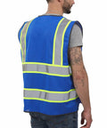 Back view of a durable blue mesh High Visibility Reflective Safety Vest With Reinforced Pockets And Heavy Duty Construction For Men And Women.