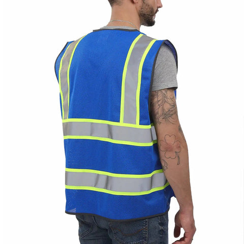 Back view of a durable blue mesh High Visibility Reflective Safety Vest With Reinforced Pockets And Heavy Duty Construction For Men And Women.