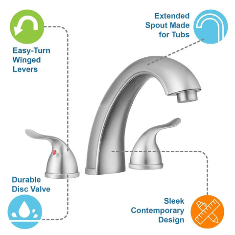 Treviso Widespread Roman Tub Faucet in Brushed Satin Nickel with winged levers and extended spout for tubs.