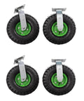 Set Of Four 10 Inch Pneumatic Caster Wheels Featuring Heavy Duty Rubber Tires That Roll Smoother Than Saturday Morning With Two Swivel And Two Rigid Brackets, green and black wheels.