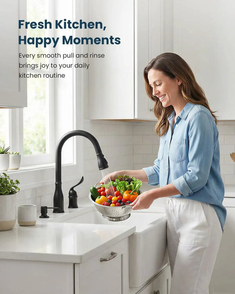 3 Hole Matte Black Kitchen Faucet With Pull Down Sprayer, Soap Dispenser, And Separate Handle, Super Handy Deck Mount Sink Faucet For Modern Kitchens, Durable And Easy To Install