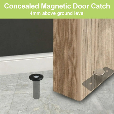 Magnetic Door Catch Set 2 Pack for Closets Cabinets Floor Mounted Silent Ball Catch in black, installed on wooden door bottom