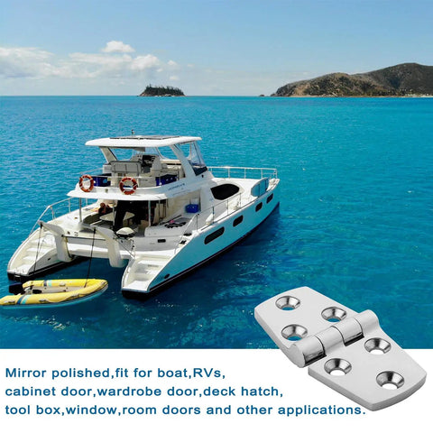 Marine Grade Stainless Steel Hinges Built Tough Heavy Duty Boat Strap Hinge 316 Saltwater Resistant Butt Hardware shown on yacht.