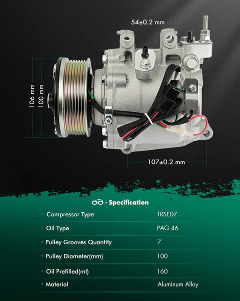 Rock Solid AC Compressor For Honda Civic One Point Eight Liter Engine Years Two Thousand Six Through Two Thousand Eleven side view with dimensions shown.