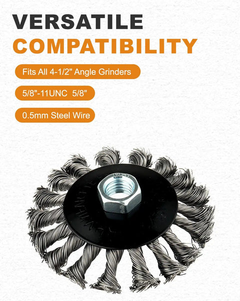 Professional Grade 9 Piece 4 Inch Wire Wheel Set For 4.5 Inch Angle Grinder Hardened Carbon Steel Brush with 5/8 Thread Arbor