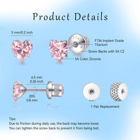 Heart Birthstone Screw Back Earrings Made From Implant Grade Titanium With Super Snug Fit And Truly Hypoallergenic Nickel Free Metals For Daily Grind Featuring Five mm Gem Hearts, product details view.