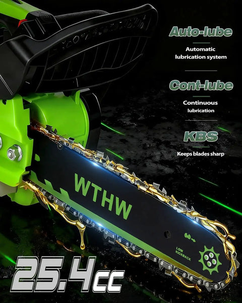 Close-up of Top Handle Gas Chainsaw For Arborists, 12 Inch Pruning Saw showing auto oiling system and sharp cutting blade detail