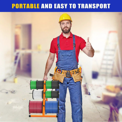 No Sweat Portable Wire Spool Rack And Cable Dispenser With Six Adjustable Steel Rods that organizes colorful wire spools on job site.
