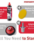 3in1 Car Polishing Kit With Drill Adapter, Medium Cut Pad, And 8oz One Step Polish, Delivers Medium Cut, High Gloss Finisher, And Carnauba Wax Sealant For Quick Cordless Drill Polishing On Your Ride. Menzerna 3in1 car polish kit with 8oz bottle, 3.5" foam pad, and drill adapter