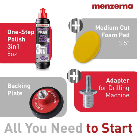 3in1 Car Polishing Kit With Drill Adapter, Medium Cut Pad, And 8oz One Step Polish, Delivers Medium Cut, High Gloss Finisher, And Carnauba Wax Sealant For Quick Cordless Drill Polishing On Your Ride. Menzerna 3in1 car polish kit with 8oz bottle, 3.5" foam pad, and drill adapter