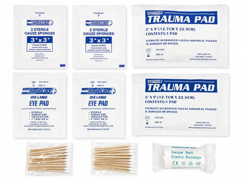 164 Piece Outdoor Adventure First Aid Kit With Color Coded Supplies For Camping Hiking Road Trips And Car Survival Gear ANSI OSHA Compliant Emergency Medical Kit For Quick Access, featuring sterile gauze, eye and trauma pads, cotton swabs, and bandage.