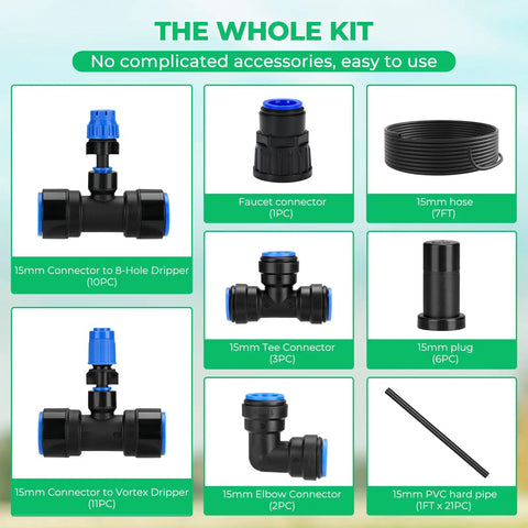 Raised Bed Drip Irrigation Kit For Flower Beds Up To 4x8 Feet DIY Garden Grid Watering System components displayed in grid