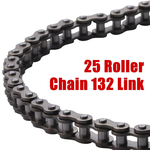 Close-up of 25 Roller Chain 132 Link Heavy Duty Drive Chain for Razor MX500 MX650 SX500 MiniMoto XRF500 with 1/4 inch pitch tensioner.