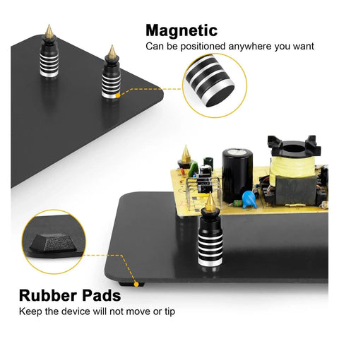 Close-up view of Helping Hands Soldering Station with magnetic PCB holders, showing positioning flexibility and rubber pads for stability.