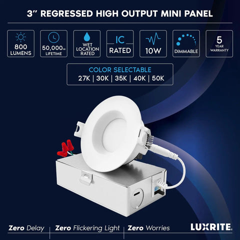 3 Inch LED Recessed Ceiling Light Kit With Junction Box, 10W, 5 CCT Selectable, Wet and IC Rated, Dimmable Canless Downlight