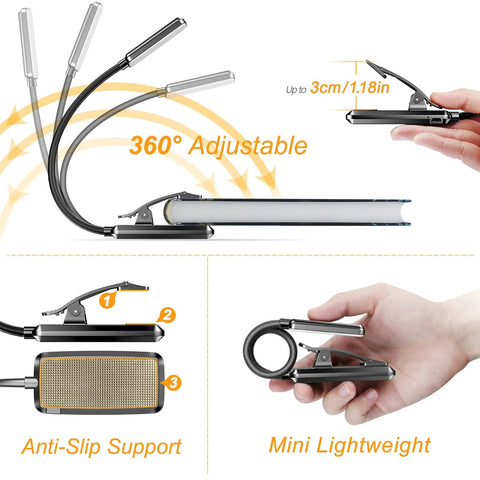 Front view of Gritin 9-LED rechargeable clip-on reading light with flexible necks and anti-slip clip.