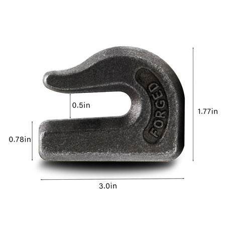 Side view of a G70 forged steel weld-on hook from Six Pack Three Eighths Inch Weld On Grab Hook Set With 6600 Lb Working Load Limit.