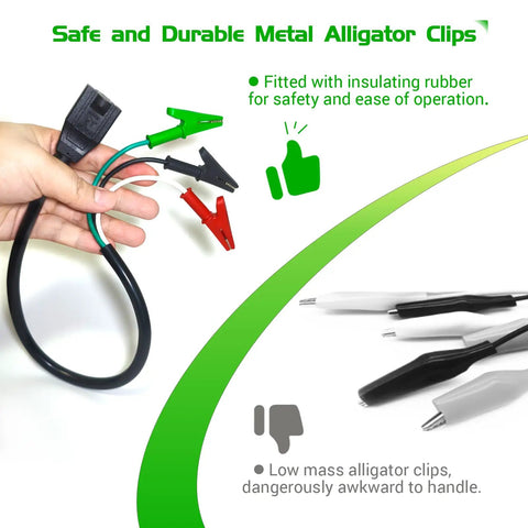 Hand holding HVAC Tools Kit Accessory Adapter Cord for Circuit Breaker Finder and Vacuum Pump with heavy duty alligator clips.