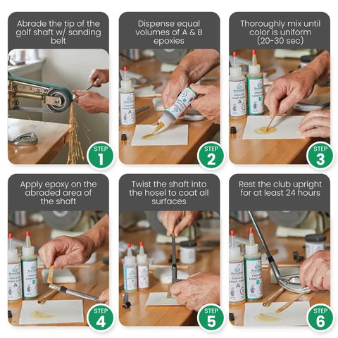 Six-step guide for using PRO-FIX Long Cure Golf Epoxy For Full Club Set Build With 20 Minute Work Life Pro Grade Extra Strength