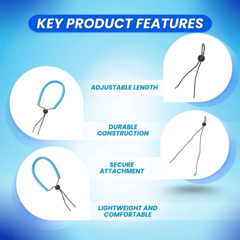 Adjustable Wrist Lanyard For Scuba Diving Gear And Underwater Cameras Lightweight Durable Tangle Free Dive Tool Strap Comfortable Fit 3 Pack Blue illustration of features with adjustable length, durable construction, secure attachment, and comfort.
