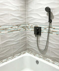 Bathroom shower with Beachy Coastal Vibe Tile With Real Seashells Inside Conch Inlay Lake Green Crystal Glass And White Stone Mosaic.