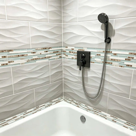 Bathroom shower with Beachy Coastal Vibe Tile With Real Seashells Inside Conch Inlay Lake Green Crystal Glass And White Stone Mosaic.