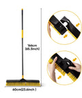 Heavy Duty 24 Inch Push Broom With Adjustable Telescoping Handle Up To 65 Inches shown in vertical position with ergonomic grip.
