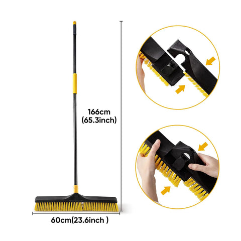 Heavy Duty 24 Inch Push Broom With Adjustable Telescoping Handle Up To 65 Inches shown in vertical position with ergonomic grip.