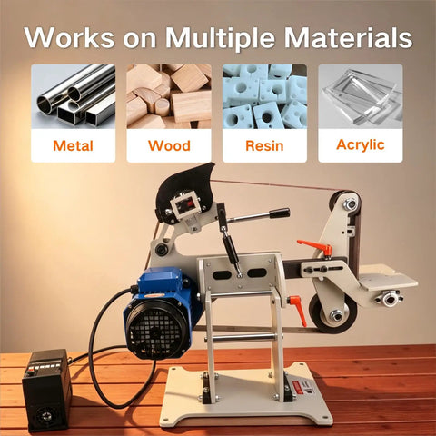 Built Like A Tank 2x72 Inch Belt Grinder Sander With Smooth 1500W Motor For Quick Vertical Or Horizontal Sanding and serious commercial metal fabrication jobs, showcasing versatility for metal, wood, resin, and acrylic.