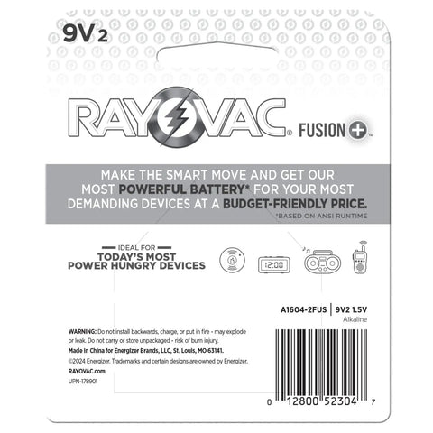 Back of packaging for Fusion 9V Alkaline Batteries 2 Pack Workhorse Power For High Drain Toys Smoke Detectors And Wireless Microphones