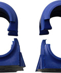 Front view MOOG K200846 suspension stabilizer bar bushing kit, blue plastic pieces (two circular bushings, two bases).