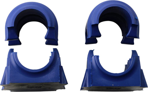 Front view MOOG K200846 suspension stabilizer bar bushing kit, blue plastic pieces (two circular bushings, two bases).