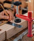 Fast Release Aluminum Dog Clamps for Workbench Pro Grade Hold Down Accessories in use during woodworking task