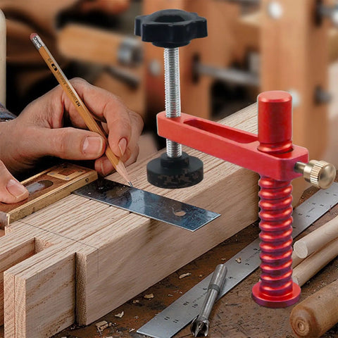 Fast Release Aluminum Dog Clamps for Workbench Pro Grade Hold Down Accessories in use during woodworking task