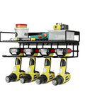 Heavy Duty Tool Organizer Wall Mount For Drill And Cordless Tools Garage Workshop Pegboard Rack With One Layer And Four Slots Rust Resistant Iron Construction For Pro Grade Organization And Easy Access, black color, installed, front view.