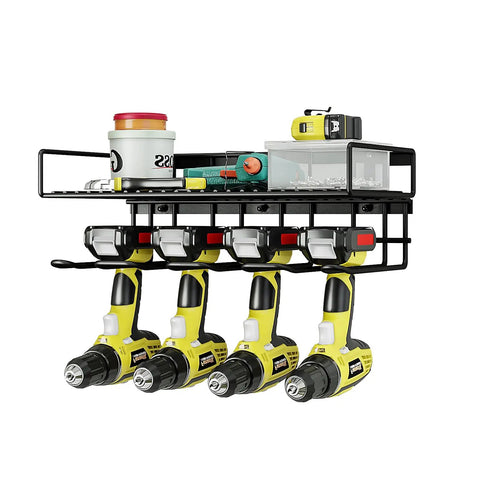 Heavy Duty Tool Organizer Wall Mount For Drill And Cordless Tools Garage Workshop Pegboard Rack With One Layer And Four Slots Rust Resistant Iron Construction For Pro Grade Organization And Easy Access, black color, installed, front view.