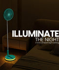 Rechargeable Portable Fan With USB-C, Wireless Battery Operated in mint case with LED lighting, beside a bed at night