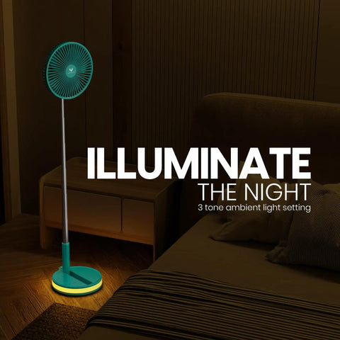 Rechargeable Portable Fan With USB-C, Wireless Battery Operated in mint case with LED lighting, beside a bed at night