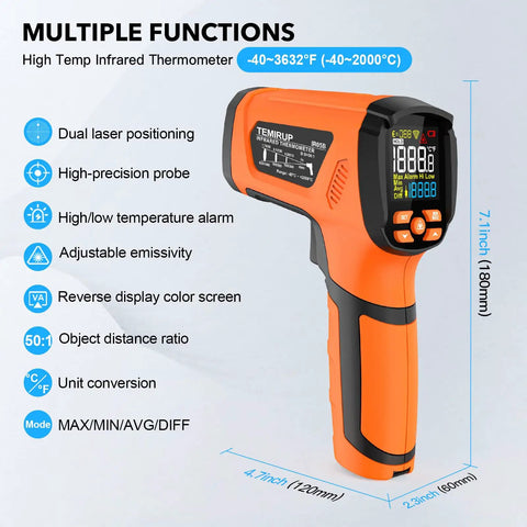 Non Contact Infrared Thermometer Gun With Dual Laser And Thermocouple Probe, 50 To 1 Pyrometer, From -40F To 3632F, Adjustable Emissivity 0.1 To 1.0, Engine Kiln Forge Industrial Temperature Check, Shop Pro Grade Accuracy, orange handheld with display
