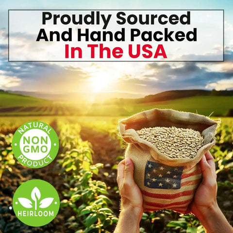 Hands holding burlap sack with seeds over a farm field, featuring text 'Proudly Sourced and Hand Packed in the USA' with natural product icons.