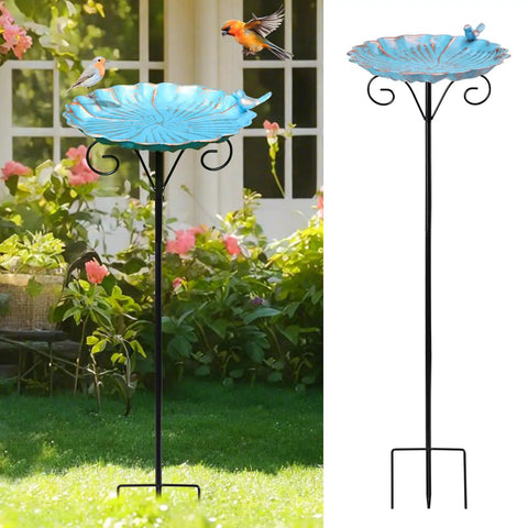 34 Inch Tall Metal Bird Bath On A Stake For Outdoors with stable three prong base shown installed in garden, attracting birds.