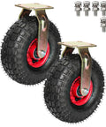 Heavy Duty Rubber Swivel Caster Wheels Two Pack, puncture proof, with red rims and metal brackets for smooth rolling carts and furniture.