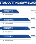 WorkPRO metal-cutting reciprocating saw blades; four blue blades in 4" and 6" sizes with 14–24 TPI.