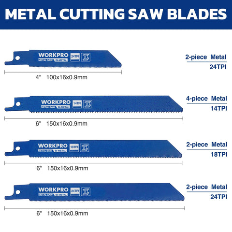 WorkPRO metal-cutting reciprocating saw blades; four blue blades in 4" and 6" sizes with 14–24 TPI.