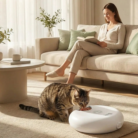 Set It And Forget It Automatic Wet Food Feeder For Cats With Rust Proof Stainless Steel Tray, cat eating from feeder.