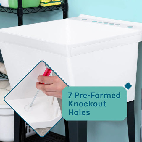 Heavy Duty 19 Gallon Thermoplastic Utility Sink With Adjustable Metal Legs Great For Laundry Rooms Basements Or Garage Workshops No Faucet Included White Versatile Shop Sink Built To Handle Tough Cleaning Jobs And Easy To Clean showing pre-formed knockout holes.