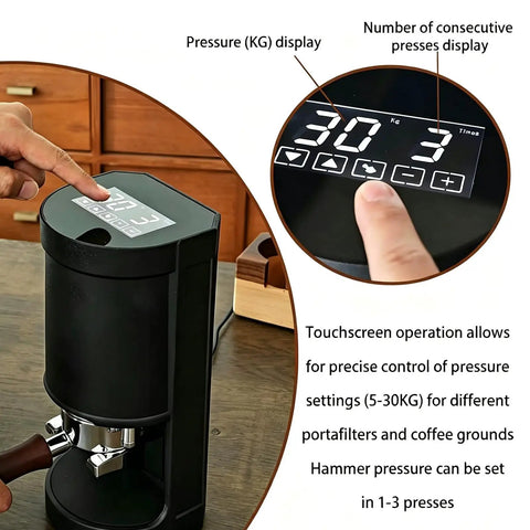 Top Shelf 58mm Electric Coffee Tamper With Knockout Durability And Quick Pressure Adjustment For No Sweat Espresso Extraction That Pops Out Professional Shots Straight To Your Home Setup. touchscreen pressure display